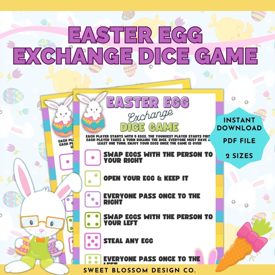 This Easter Egg Exchange Dice is such a fun printable Easter and Spring game to play with friends and loved ones! This printable Easter game for kids will bring hours of fun and entertainment. This is a fun Easter Activity for Adults too! 