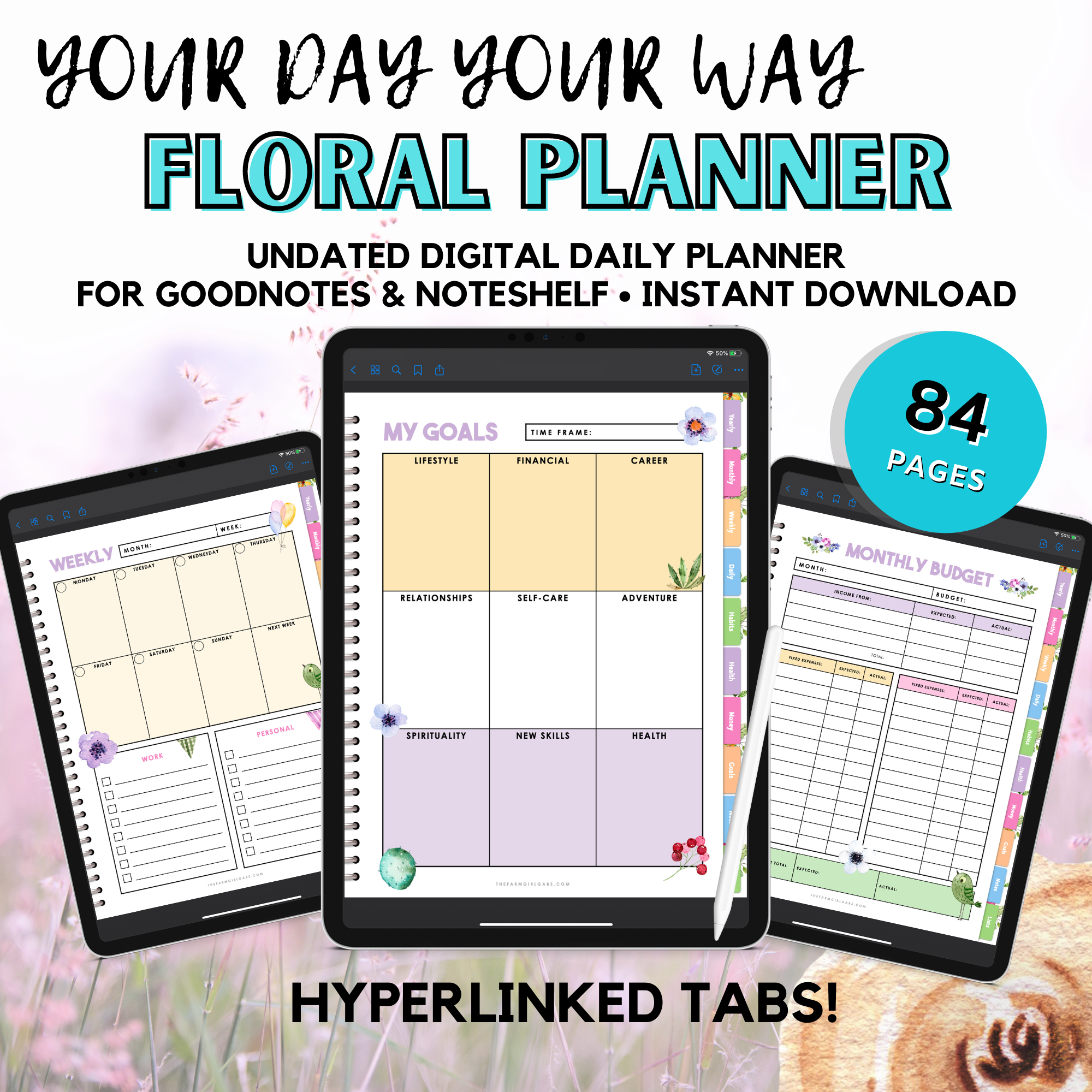 Plan your day your way. This Floral Digital Daily Planner will help you keep track of daily tasks, goals, finances, and appointments. Download this daily planner and use it on an iPad with Goodnotes or Noteshelf. 