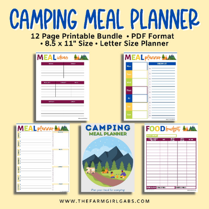 This Printable Camping Meal Planner Bundle will help organize your meals, grocery shopping and cooking needs for your camping trip. This 12-page meal planner will save you time in the kitchen too. This letter-sized Meal Planning Bundle Includes Cover Page Meal Planners Grocery Lists Favorite Recipe Sheets Food Budget Sheet To-Do List Note Page Recipe Card Note: This is a digital product. No physical product will be sent. You will receive a link to download this party planner after your payment is...