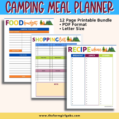 This Printable Camping Meal Planner Bundle will help organize your meals, grocery shopping and cooking needs for your camping trip. This 12-page meal planner will save you time in the kitchen too. This letter-sized Meal Planning Bundle Includes Cover Page Meal Planners Grocery Lists Favorite Recipe Sheets Food Budget Sheet To-Do List Note Page Recipe Card Note: This is a digital product. No physical product will be sent. You will receive a link to download this party planner after your payment is...