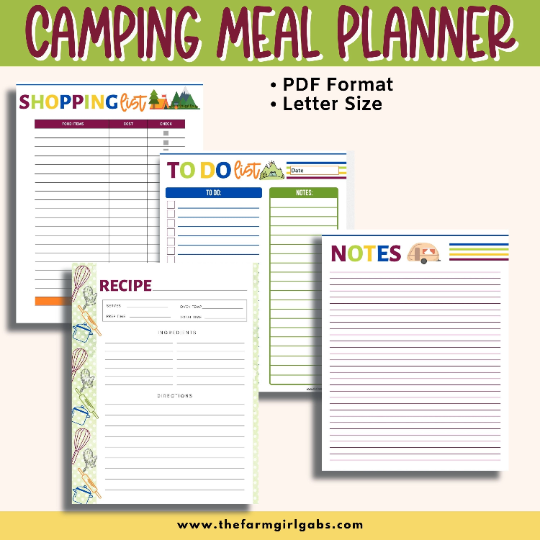 This Printable Camping Meal Planner Bundle will help organize your meals, grocery shopping and cooking needs for your camping trip. This 12-page meal planner will save you time in the kitchen too. This letter-sized Meal Planning Bundle Includes Cover Page Meal Planners Grocery Lists Favorite Recipe Sheets Food Budget Sheet To-Do List Note Page Recipe Card Note: This is a digital product. No physical product will be sent. You will receive a link to download this party planner after your payment is...