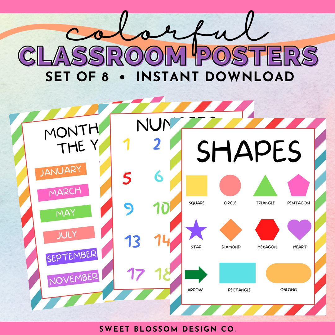 Decorate your classroom or homeschool classroom with these colorful Classroom Posters. This set of 8 printable classroom posters includes Colors, Days of Week, Months of Year, Letters of the Alphabet, Shapes, Weather, Solar System and Numbers 1-20.