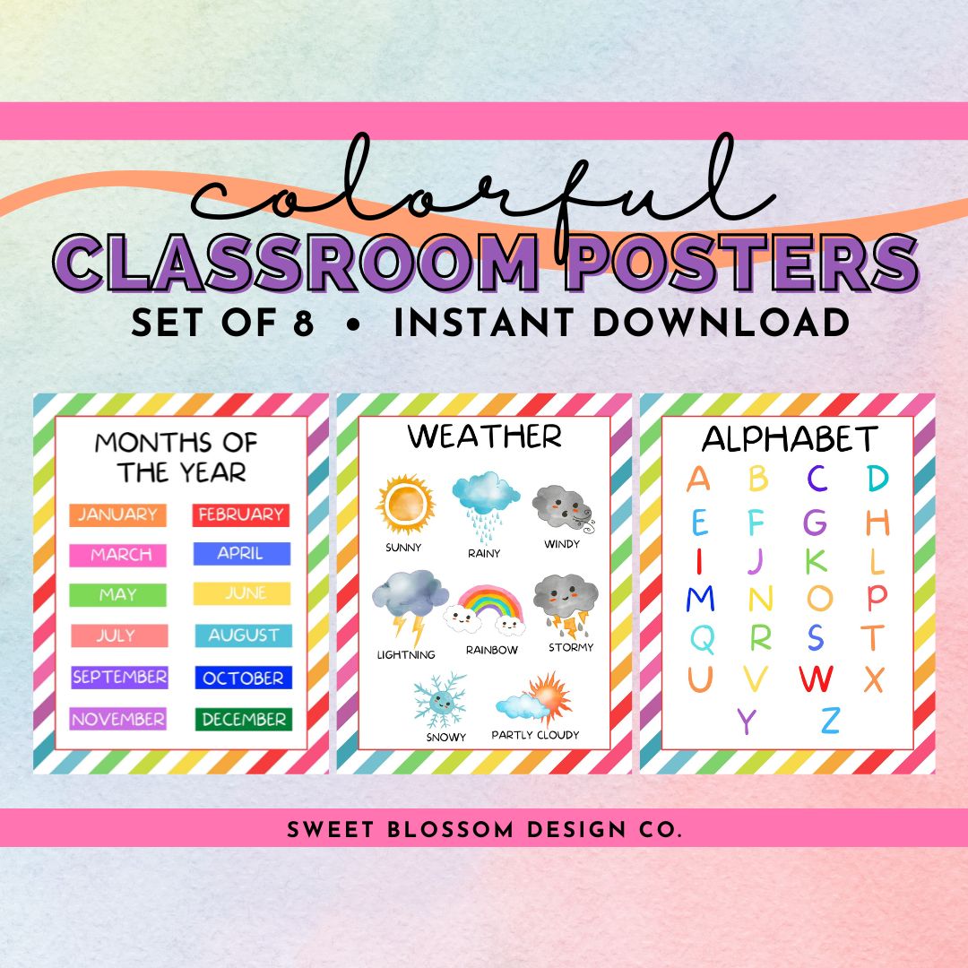 Decorate your classroom or homeschool classroom with these colorful Classroom Posters. This set of 8 printable classroom posters includes Colors, Days of Week, Months of Year, Letters of the Alphabet, Shapes, Weather, Solar System and Numbers 1-20.