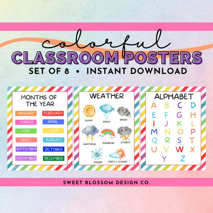 Decorate your classroom or homeschool classroom with these colorful Classroom Posters. This set of 8 printable classroom posters includes Colors, Days of Week, Months of Year, Letters of the Alphabet, Shapes, Weather, Solar System and Numbers 1-20.