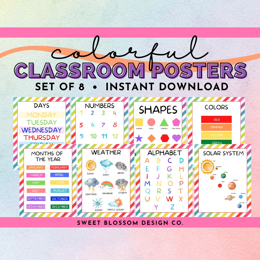 Decorate your classroom or homeschool classroom with these colorful Classroom Posters. This set of 8 printable classroom posters includes Colors, Days of Week, Months of Year, Letters of the Alphabet, Shapes, Weather, Solar System and Numbers 1-20.