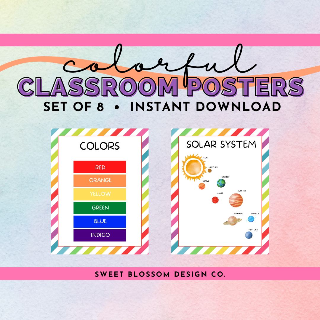 Set of 8 Colorful Classroom Posters – Farm Girl Designs